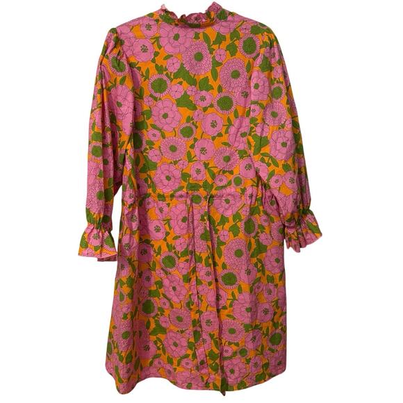 Flora Bea 100% Cotton Pink Orange Green Floral Ruffle Mini Dress Size Medium - Picture 5 of 7